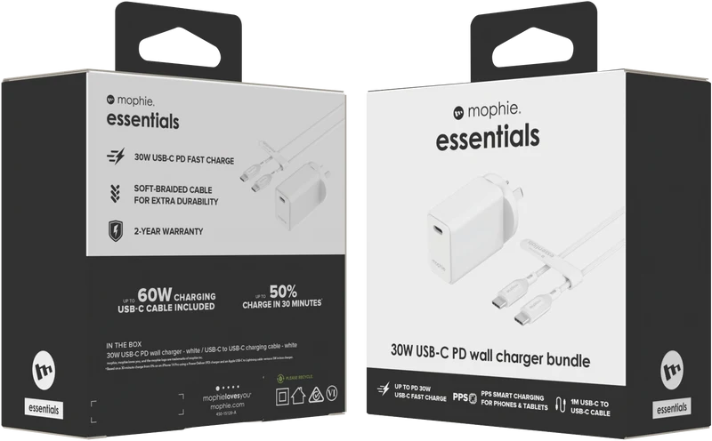 Mophie Essential 30W USB-C Wall Charger & C-C Cable Bundle White