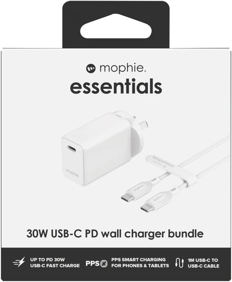 Mophie Essential 30W USB-C Wall Charger & C-C Cable Bundle White