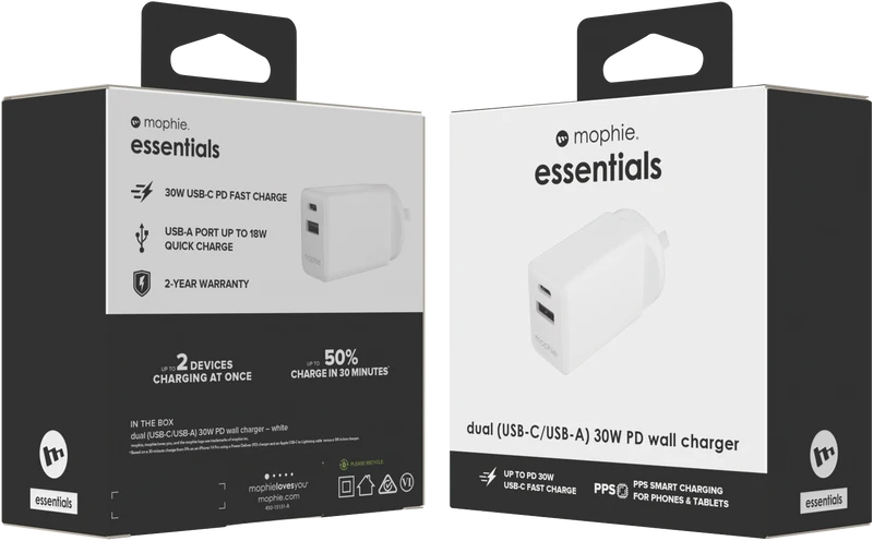 Mophie Essential 30W USB-C & USB-A Wall Charger White