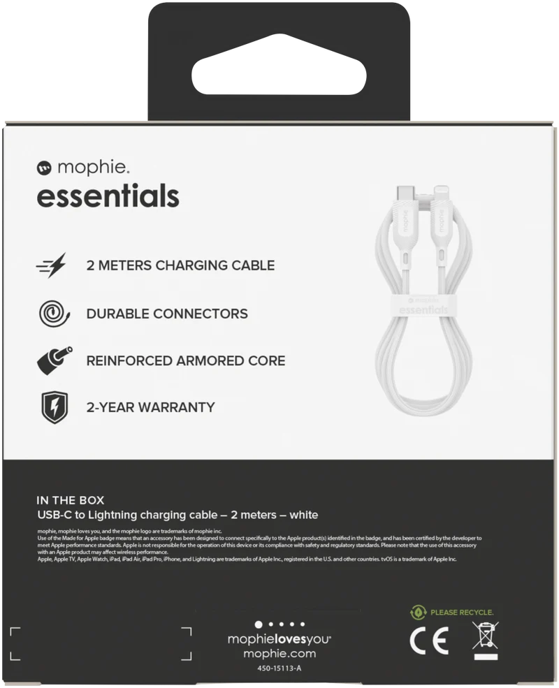 Mophie Essential USB-C-Lightning Cable Braided 2M White