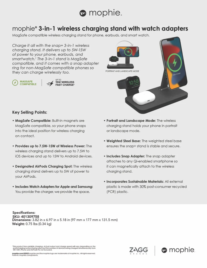 Mophie Snap+ 3-in-1 wireless charging stand w/ BYO watch 3in1