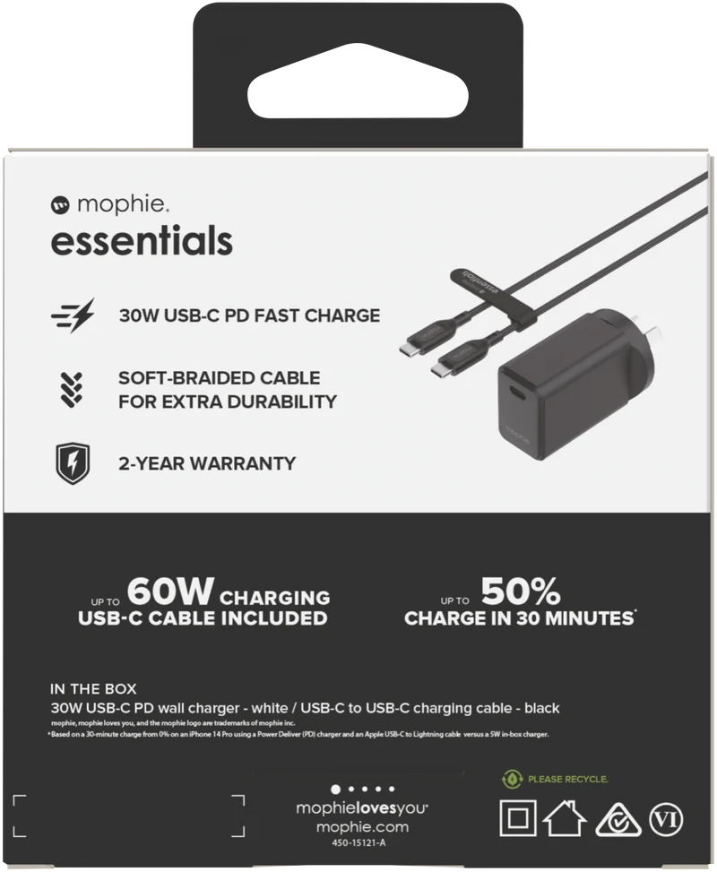Mophie Essential 30W USB-C Wall Charger & C-C Cable Bundle Black