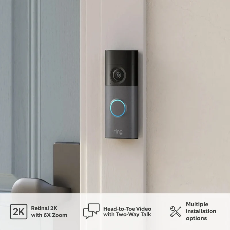 Ring Wired Video Doorbell 2K - Plug-In - Speckled Grey