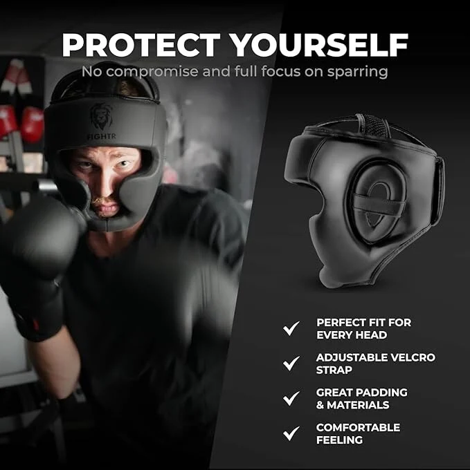 B-Ware FIGHTR Kopfschutz Boxhelm Sparring Schutzhelm Boxen MMA Muay Thai schwarz Gr S M
