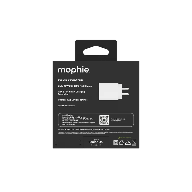 Mophie 45W USB-C Wall Charger 2C White.