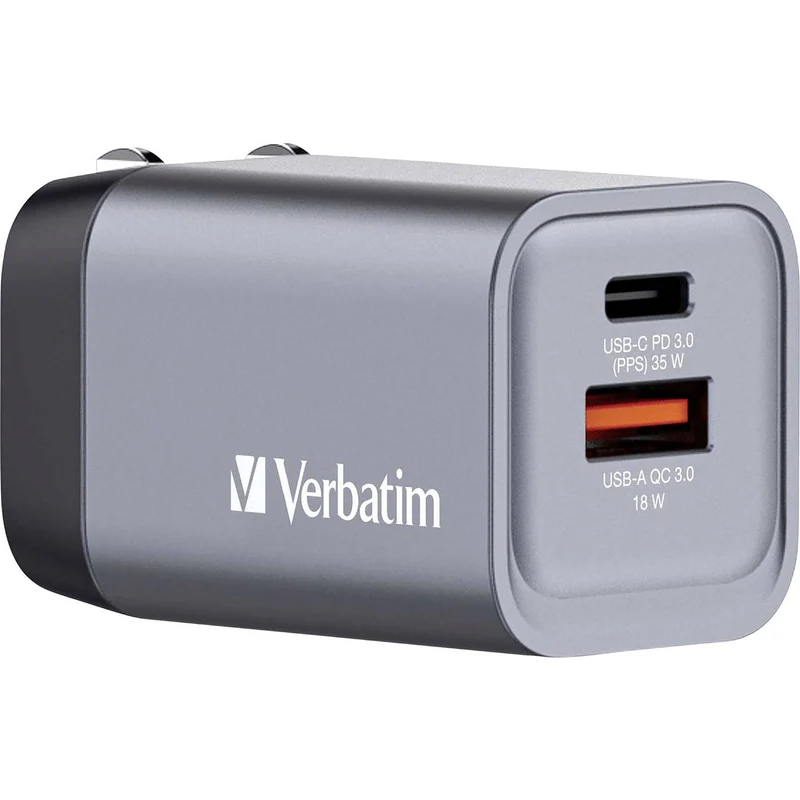B-Ware Verbatim Reiseladeadapter Ladegerät GaN USB-C USB-A Grau Smartphone Tablet