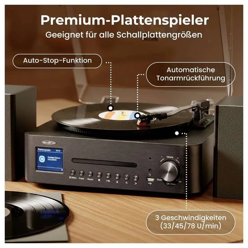 B-Ware Reflexion HiFi-Tuner DAB+ CD-Player Bluetooth Schwarz elegant 379x329x160mm