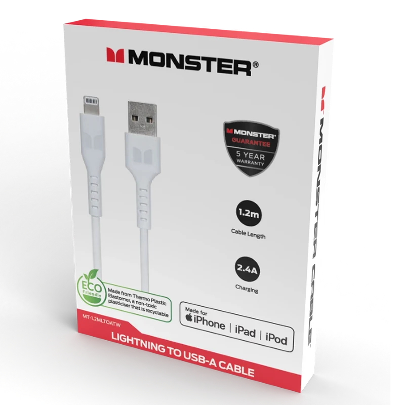 Monster TPE Lightning to USB-A 1.2M Cable White