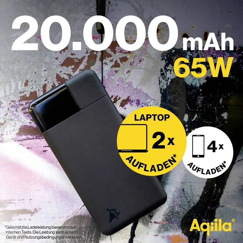 B-Ware Aqiila Powerbank 20000 mAh LiPo Akku Ladegerät USB-A USB-C schwarz tragbar 3A