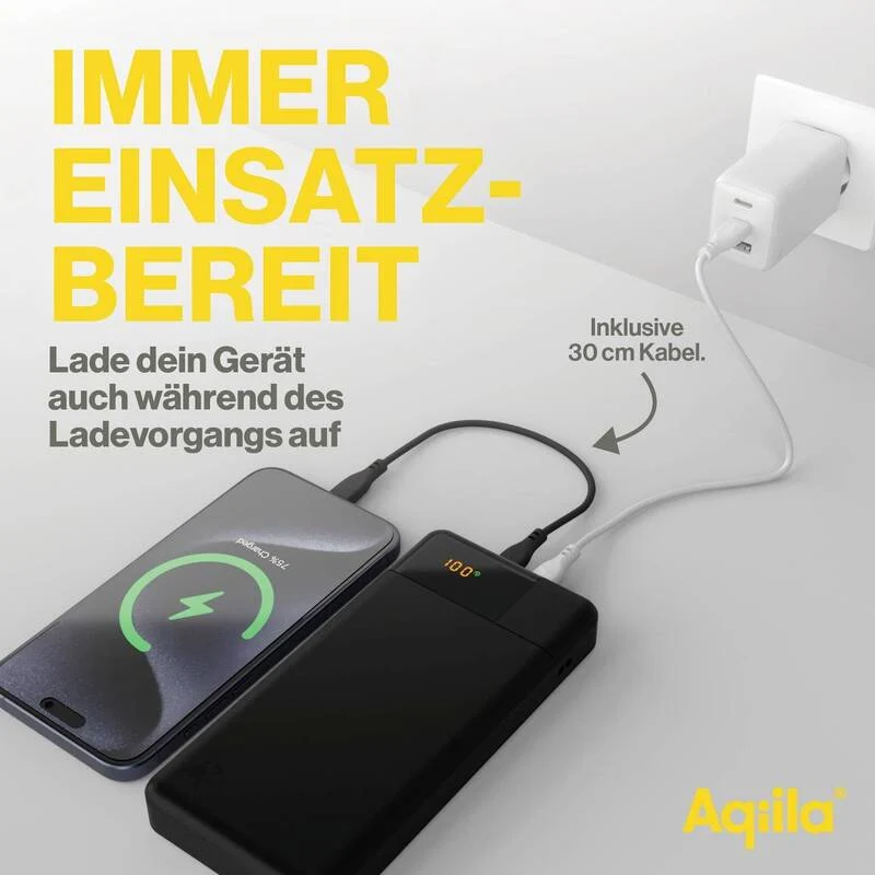 B-Ware Aqiila Powerbank 20000 mAh LiPo Akku Ladegerät USB-A USB-C schwarz tragbar 3A