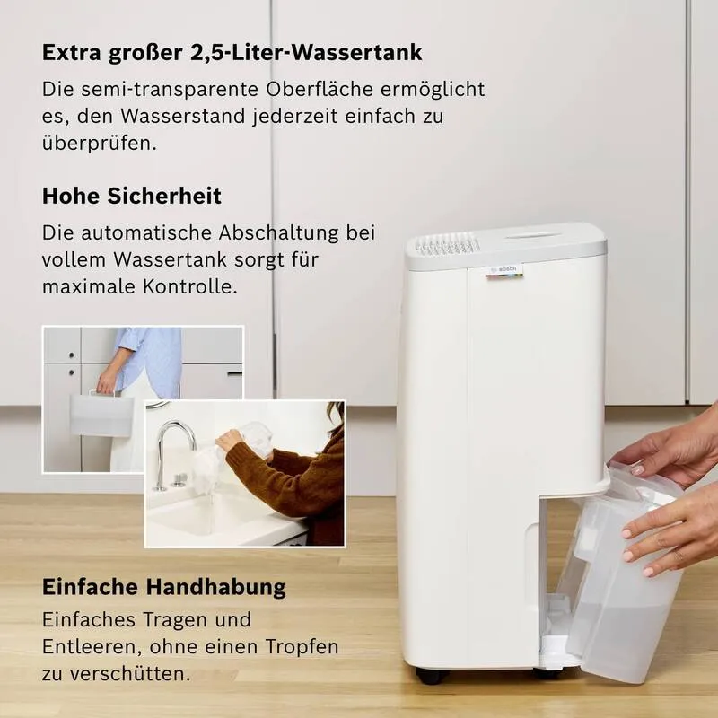 B-Ware Bosch Luftentfeuchter DRY 2000 12L/Tag für Räume bis 55m³ leise 35dB Weiß