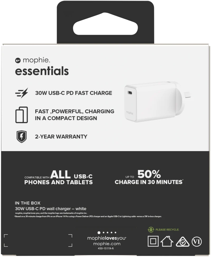 Mophie Essential 30W USB-C Wall Charger White