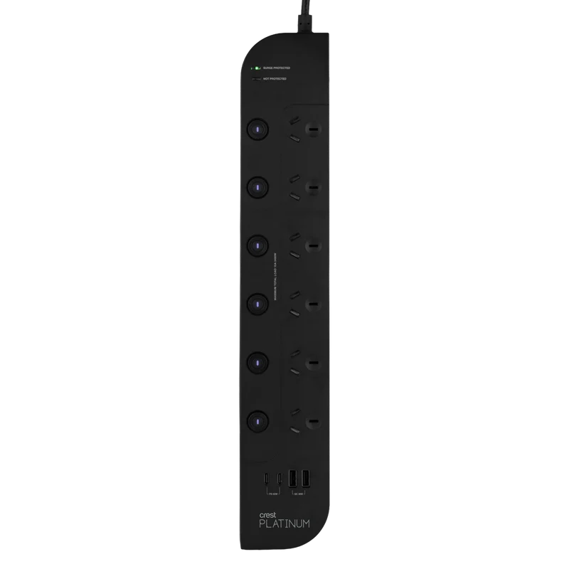 Crest 6 Socket Switched Platinum Power Board USB PD 65W