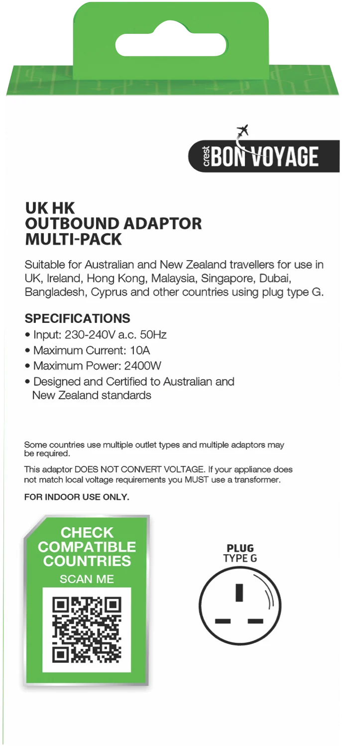 Bon Voyage Travel Adaptor Australia to UK (2 Pack)