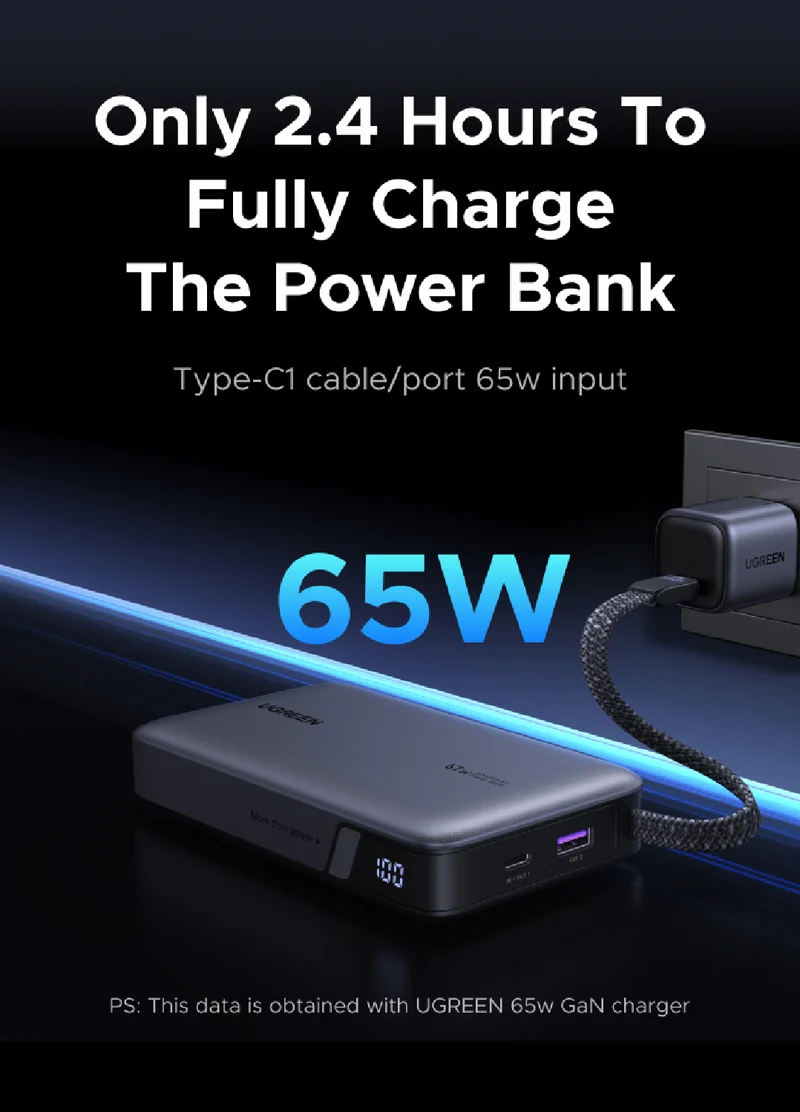 UGREEN 67W 20KmAh Power Bank with Built-in Cable (3C certified)