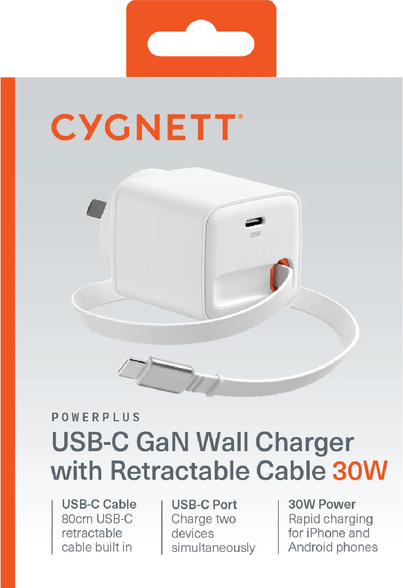 Cygnett Powerplus 30W Wall Charger with 80cm Retractable USB-C Cable Wall Charger