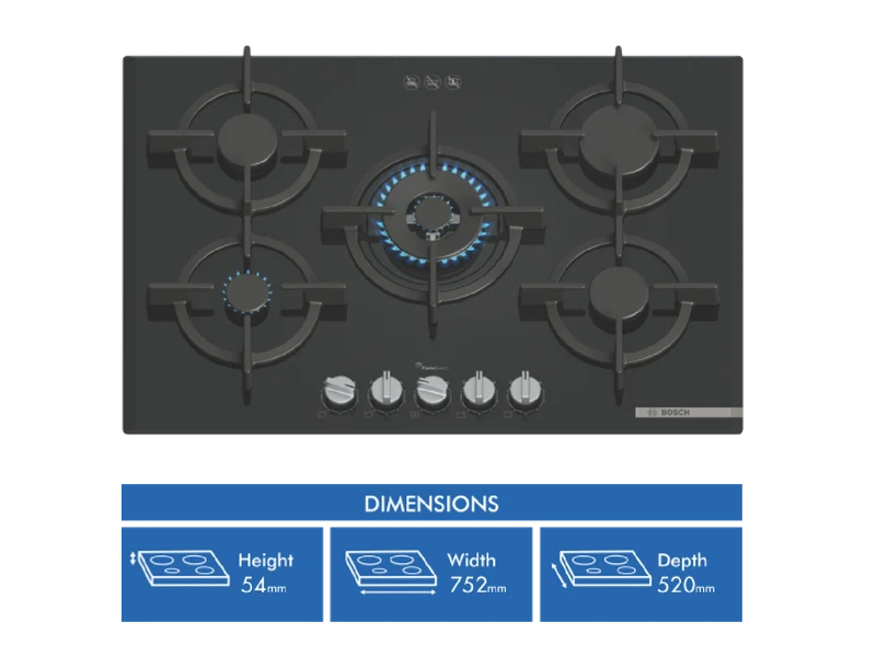 Bosch Series 6, 75cm Gas Cooktop Tempered Glass, Black