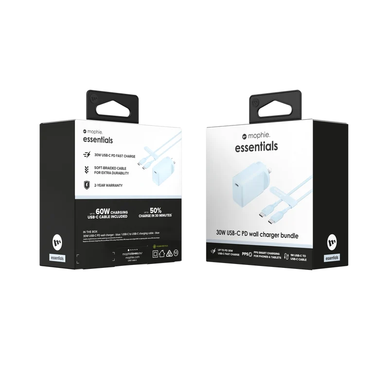 Mophie Essential 30W USB-C Wall Charger & C-C Cable Blue